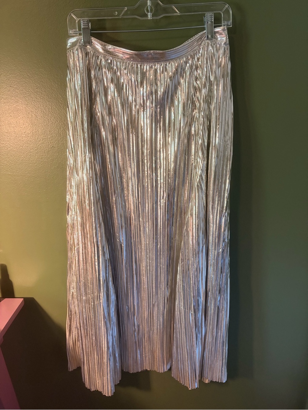 Anthropologie Metallic Silver Pleated Maxi Skirt